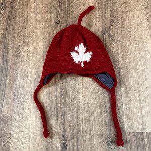 Kyber Maple Leaf Canadian Wool Ear Flap Fleece Lined Chullo Red Hat